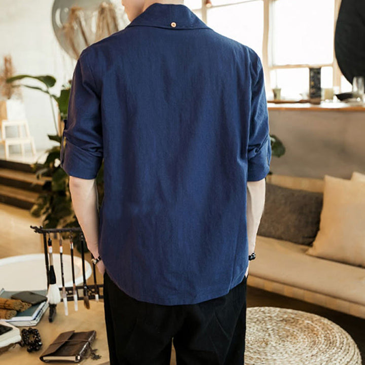 Buddha Stones Vintage Plain Lapel Open Front Jacket Cotton Men's Kimono - image 3