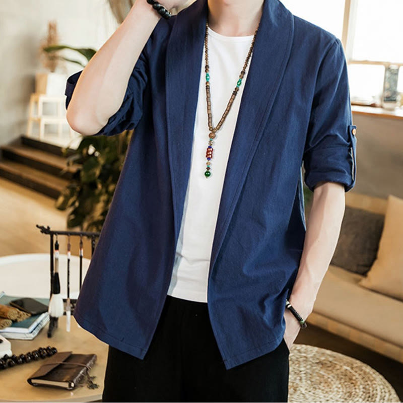 Buddha Stones Vintage Plain Lapel Open Front Jacket Cotton Men's Kimono - image 5