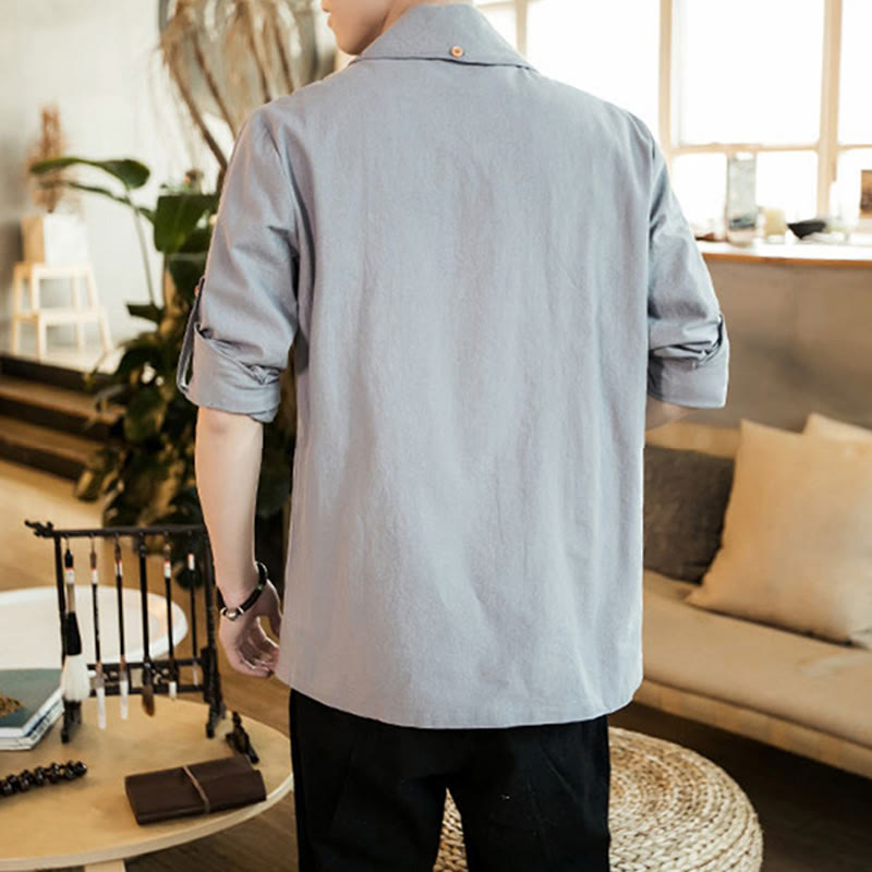 Buddha Stones Vintage Plain Lapel Open Front Jacket Cotton Men's Kimono - image 11