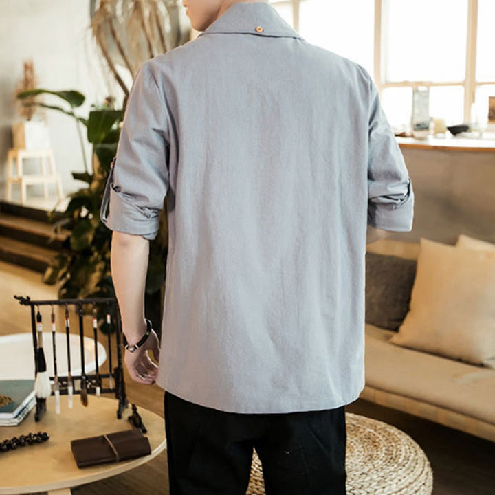 Buddha Stones Vintage Plain Lapel Open Front Jacket Cotton Men's Kimono - image 11