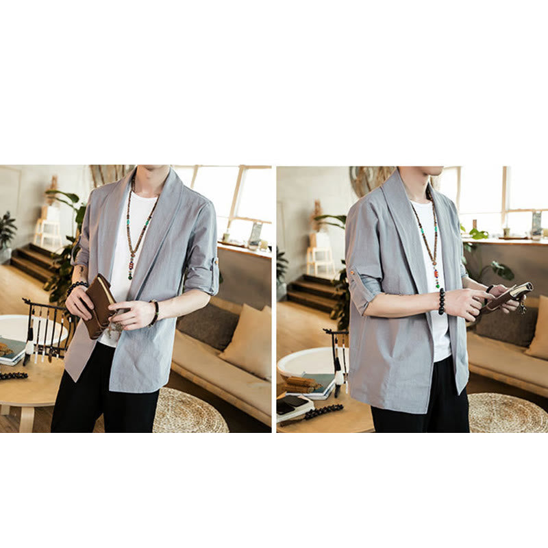 Buddha Stones Vintage Plain Lapel Open Front Jacket Cotton Men's Kimono - image 15