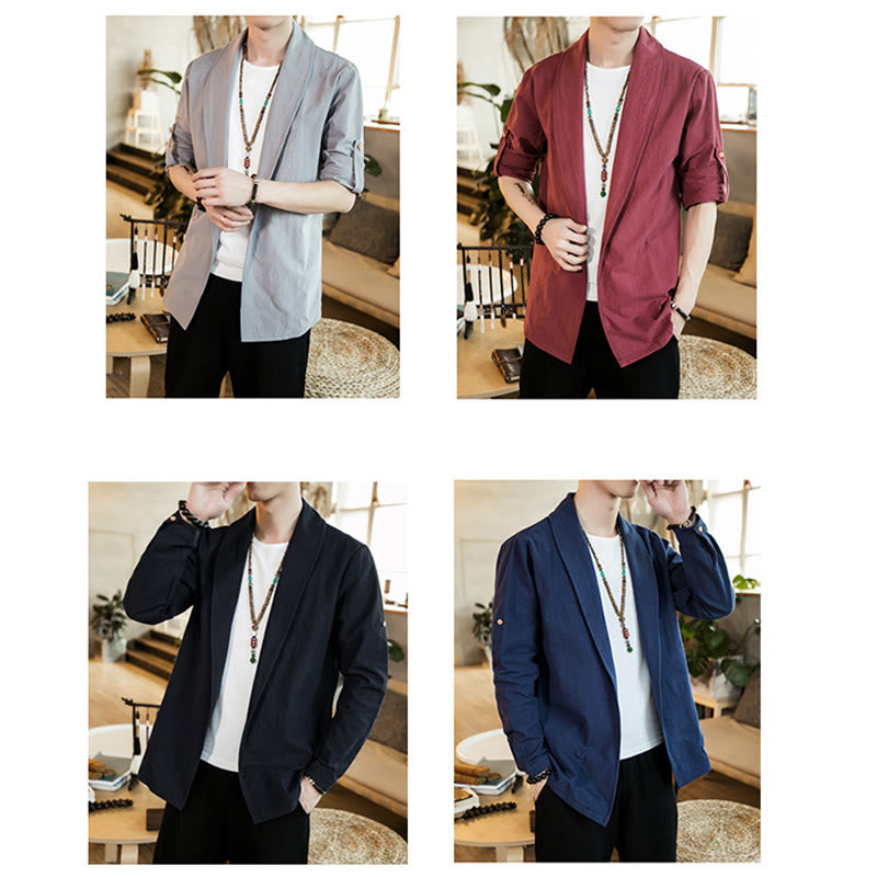Buddha Stones Vintage Plain Lapel Open Front Jacket Cotton Men's Kimono - image 26