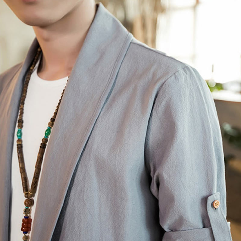 Buddha Stones Vintage Plain Lapel Open Front Jacket Cotton Men's Kimono - image 13