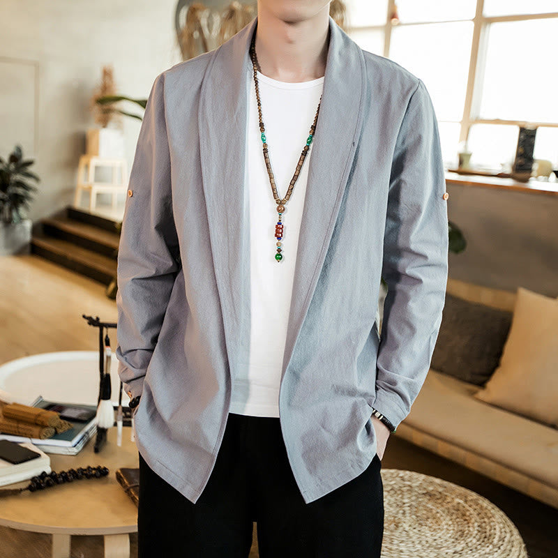 Buddha Stones Vintage Plain Lapel Open Front Jacket Cotton Men's Kimono - image 10