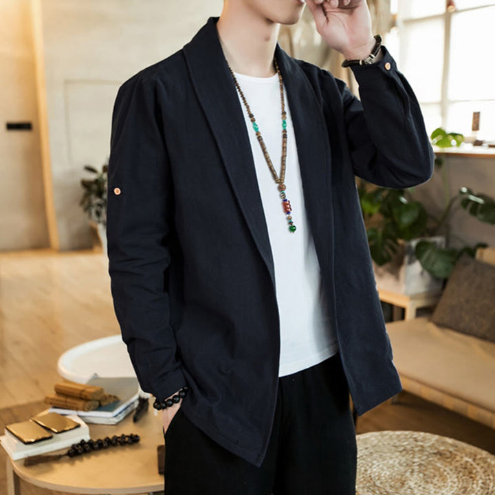 Buddha Stones Vintage Plain Lapel Open Front Jacket Cotton Men's Kimono - image 19