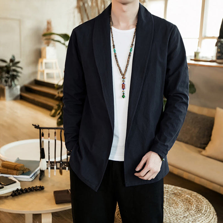 Buddha Stones Vintage Plain Lapel Open Front Jacket Cotton Men's Kimono - image 17