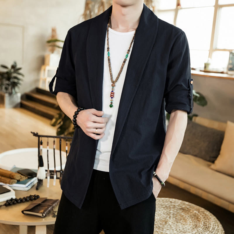 Buddha Stones Vintage Plain Lapel Open Front Jacket Cotton Men's Kimono - Black - US/UK/AU46，EU56 (5XL) - image 16