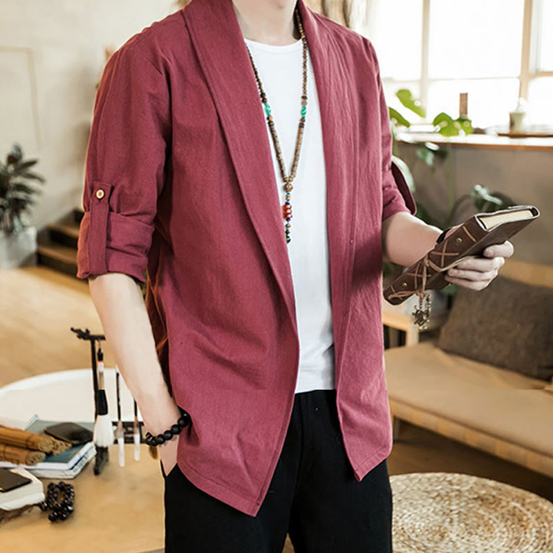 Buddha Stones Vintage Plain Lapel Open Front Jacket Cotton Men's Kimono - image 24