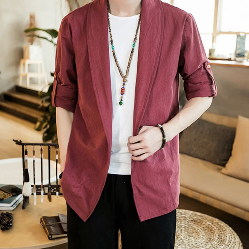 Buddha Stones Vintage Plain Lapel Open Front Jacket Cotton Men's Kimono - IndianRed - US/UK/AU46，EU56 (5XL) - image 21
