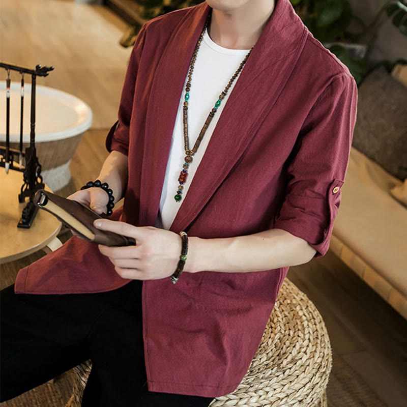 Buddha Stones Vintage Plain Lapel Open Front Jacket Cotton Men's Kimono - image 22