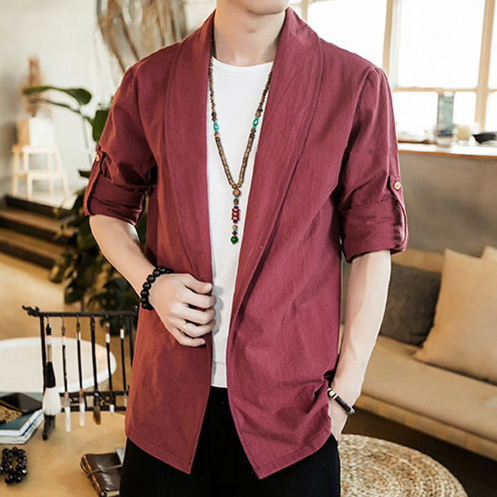 Buddha Stones Vintage Plain Lapel Open Front Jacket Cotton Men's Kimono - image 23