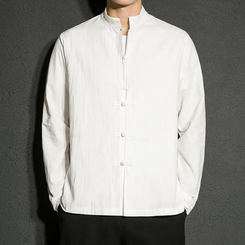 Buddha Stones Plain Zipper Chinese Frog-Button Cotton Long Sleeve Men's Shirt - White - US/UK/AU46，EU56 (5XL) - image 9