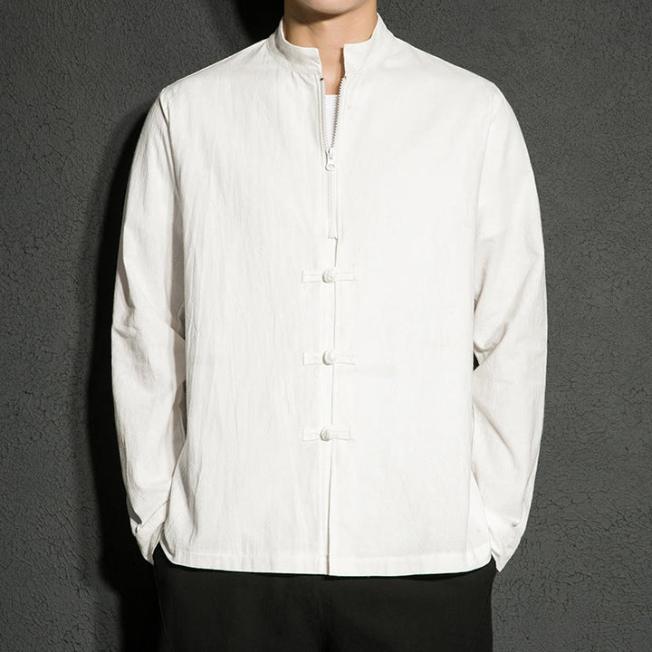 Buddha Stones Plain Zipper Chinese Frog-Button Cotton Long Sleeve Men's Shirt - White - US/UK/AU46，EU56 (5XL) - image 9