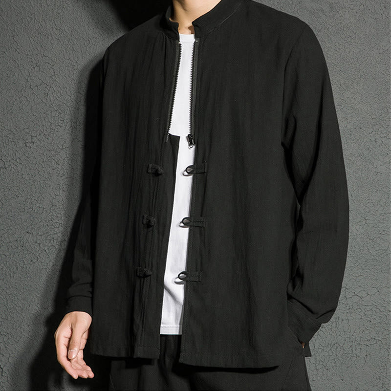 Buddha Stones Plain Zipper Chinese Frog-Button Cotton Long Sleeve Men's Shirt - image 5