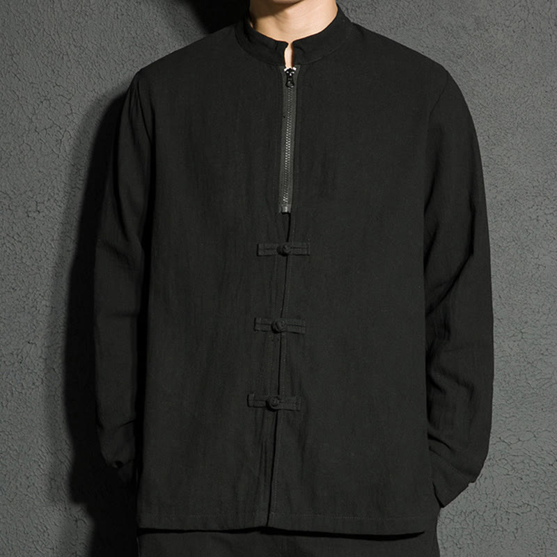 Buddha Stones Plain Zipper Chinese Frog-Button Cotton Long Sleeve Men's Shirt - image 5