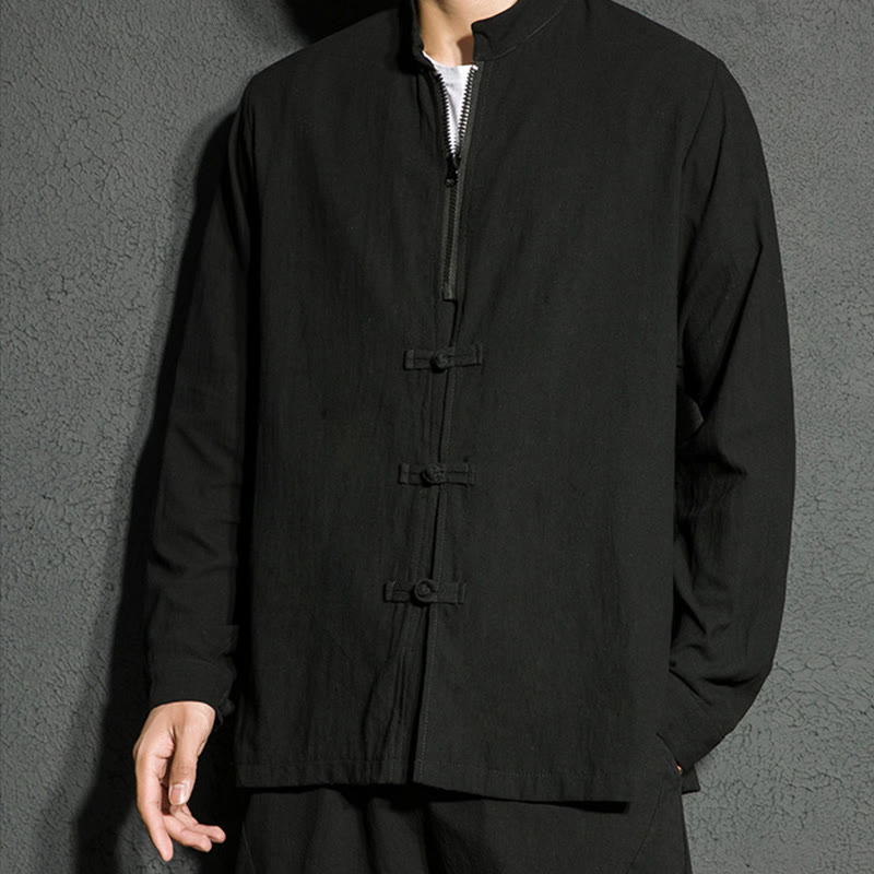 Buddha Stones Plain Zipper Chinese Frog-Button Cotton Long Sleeve Men's Shirt - image 7