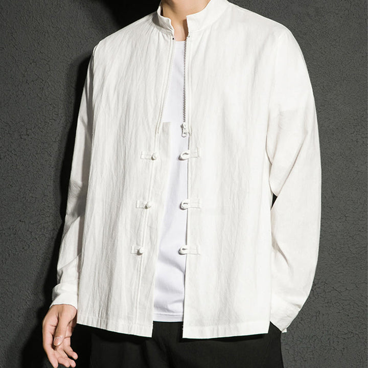 Buddha Stones Plain Zipper Chinese Frog-Button Cotton Long Sleeve Men's Shirt - image 15