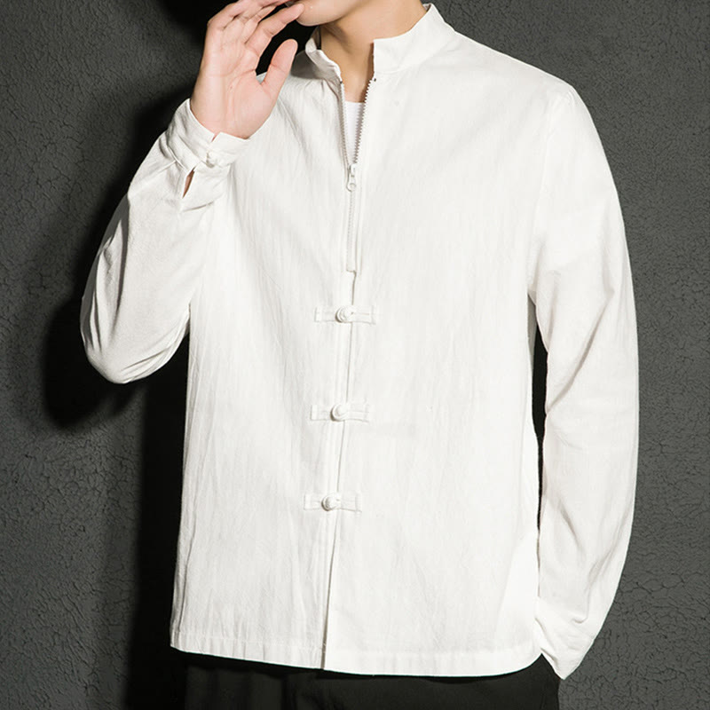 Buddha Stones Plain Zipper Chinese Frog-Button Cotton Long Sleeve Men's Shirt - image 9