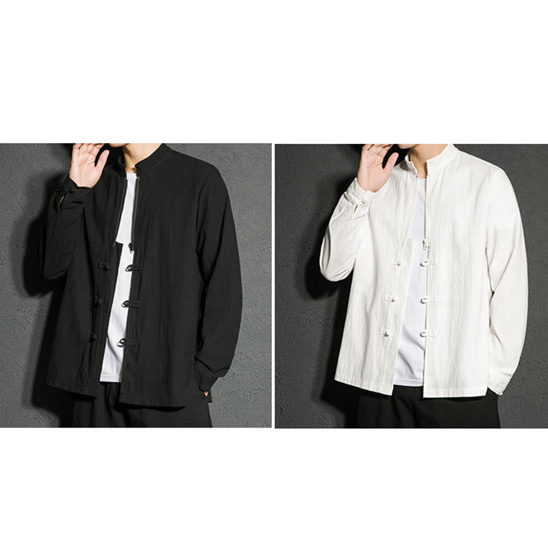 Buddha Stones Plain Zipper Chinese Frog-Button Cotton Long Sleeve Men's Shirt - image 17