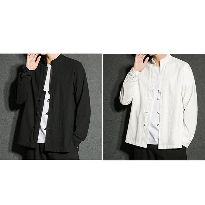 Buddha Stones Plain Zipper Chinese Frog-Button Cotton Long Sleeve Men's Shirt - image 17