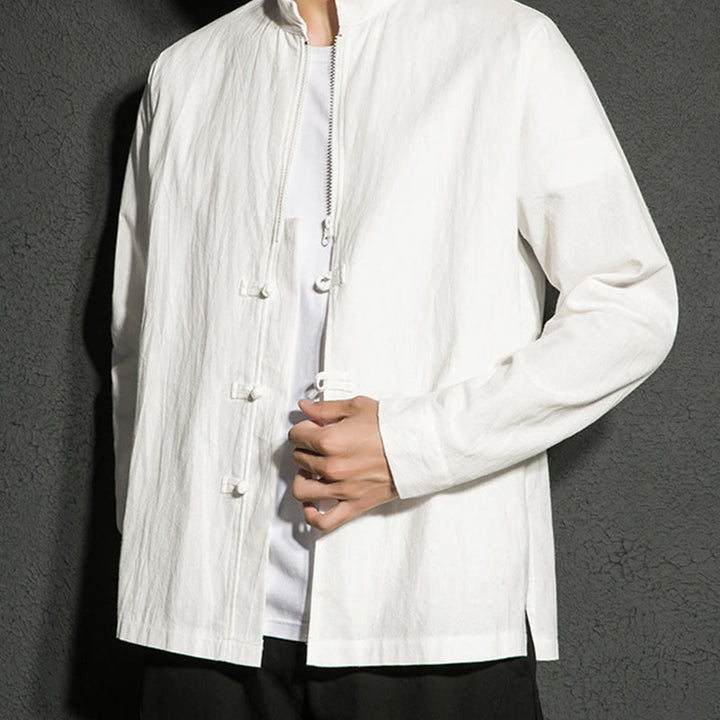 Buddha Stones Plain Zipper Chinese Frog-Button Cotton Long Sleeve Men's Shirt - image 14