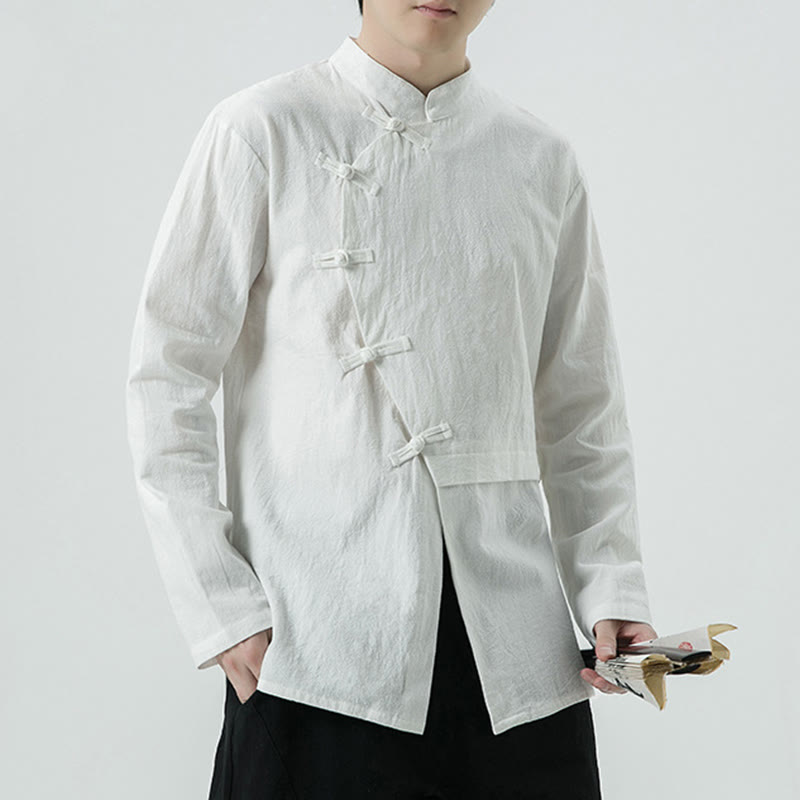 Buddha Stones Vintage Chinese Frog-Button Cotton Long Sleeve Men's Shirt - White - US/UK/AU46，EU56 (5XL) - image 0