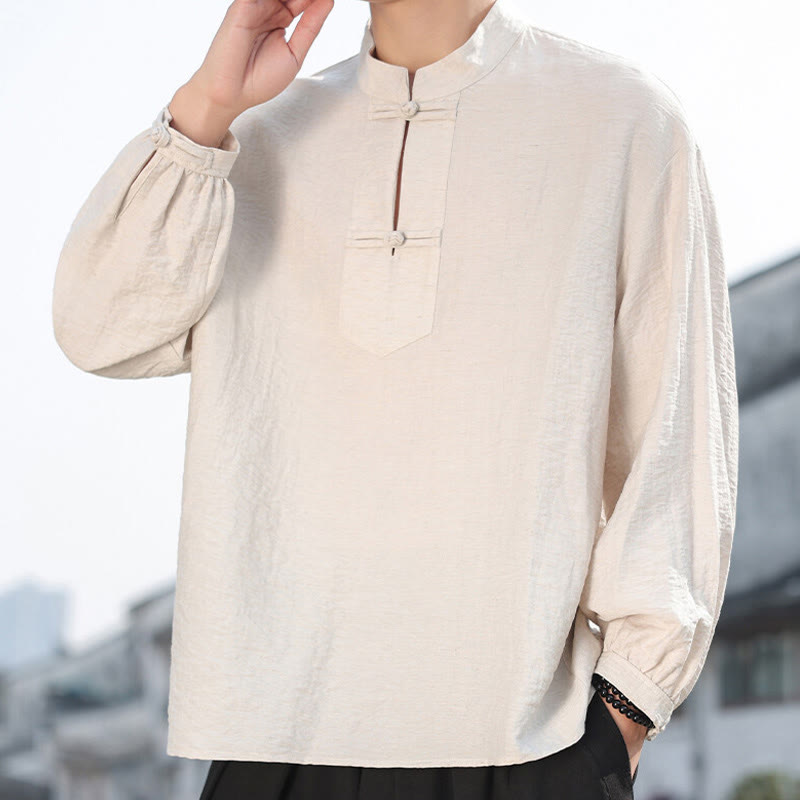 Buddha Stones Two Frog-Button Stand Collar Long Sleeve Men's Cotton Shirt - Linen - US/UK/AU48，EU58(5XL) - image 11