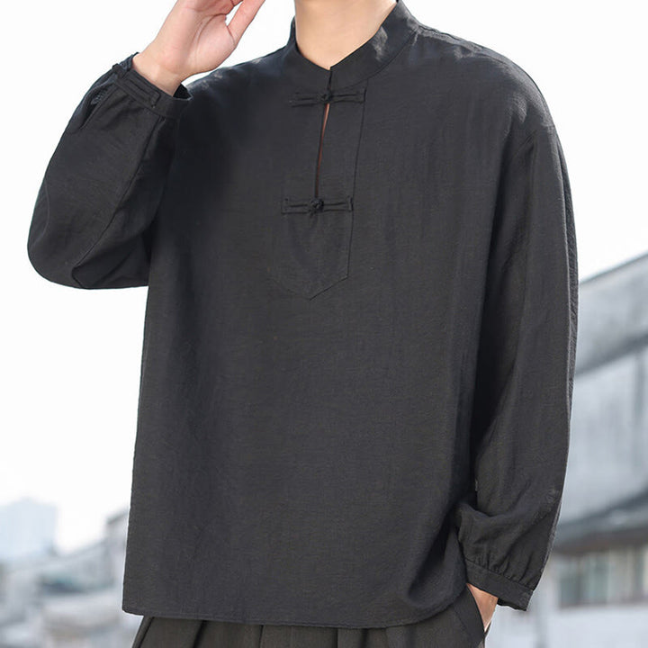Buddha Stones Two Frog-Button Stand Collar Long Sleeve Men's Cotton Shirt - Black - US/UK/AU48，EU58(5XL) - image 0