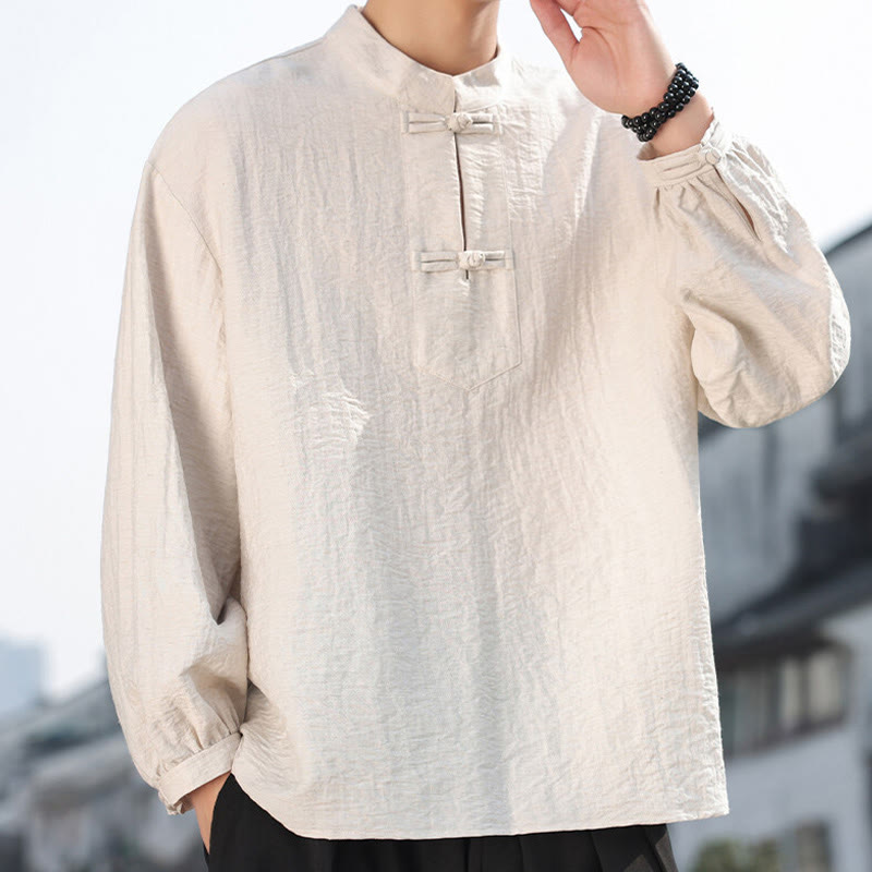 Buddha Stones Two Frog-Button Stand Collar Long Sleeve Men's Cotton Shirt - image 11