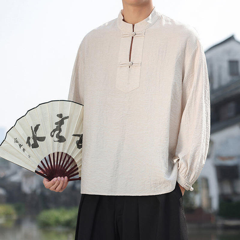 Buddha Stones Two Frog-Button Stand Collar Long Sleeve Men's Cotton Shirt - image 13
