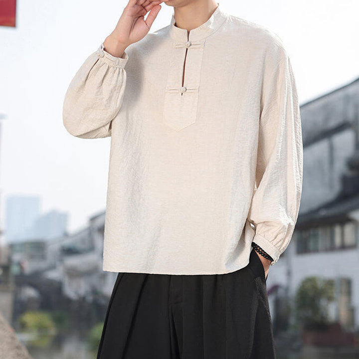 Buddha Stones Two Frog-Button Stand Collar Long Sleeve Men's Cotton Shirt - image 15