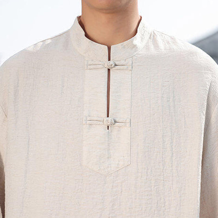 Buddha Stones Two Frog-Button Stand Collar Long Sleeve Men's Cotton Shirt - image 21