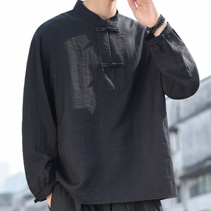 Buddha Stones Two Frog-Button Stand Collar Long Sleeve Men's Cotton Shirt - image 2