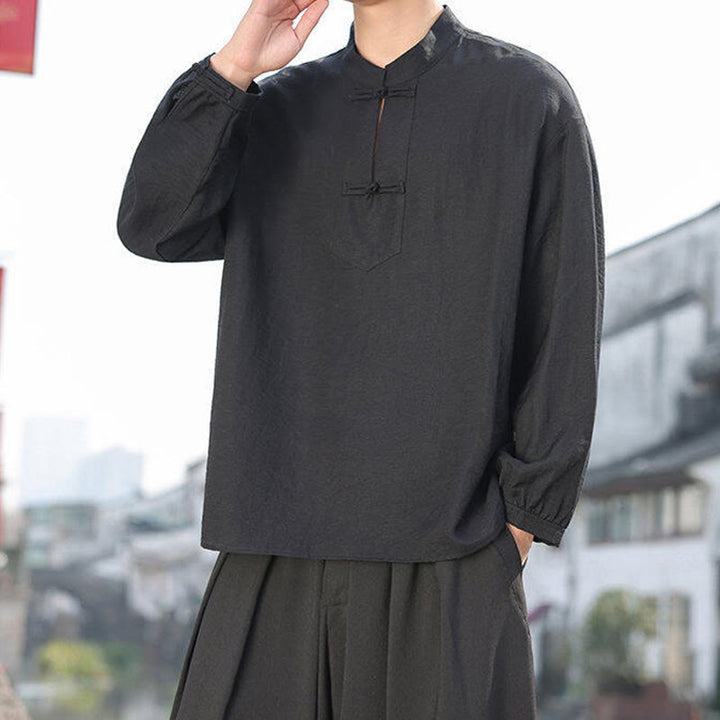 Buddha Stones Two Frog-Button Stand Collar Long Sleeve Men's Cotton Shirt - image 4