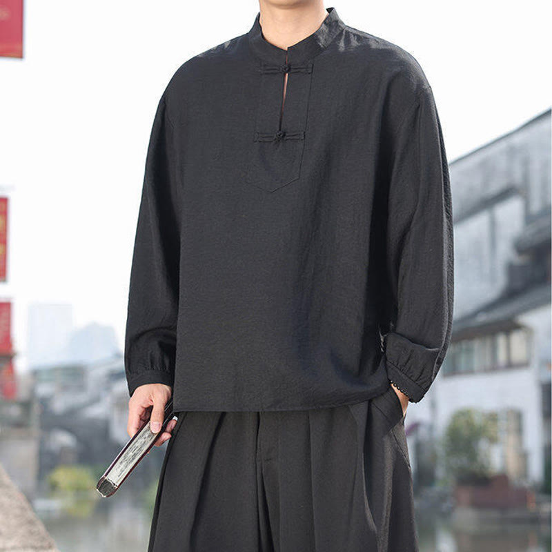 Buddha Stones Two Frog-Button Stand Collar Long Sleeve Men's Cotton Shirt - image 6