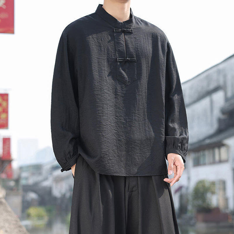 Buddha Stones Two Frog-Button Stand Collar Long Sleeve Men's Cotton Shirt - image 6