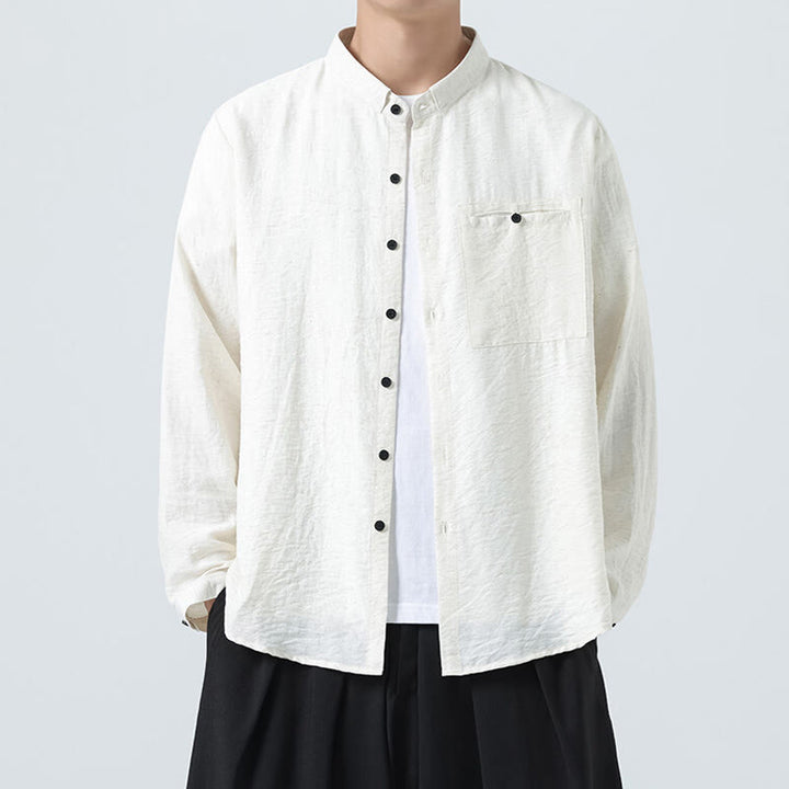 Buddha Stones Vintage Plain Buttons Down Stand Collar Long Sleeve Men's Cotton Shirt - White - US/UK/AU48，EU58(5XL) - image 1