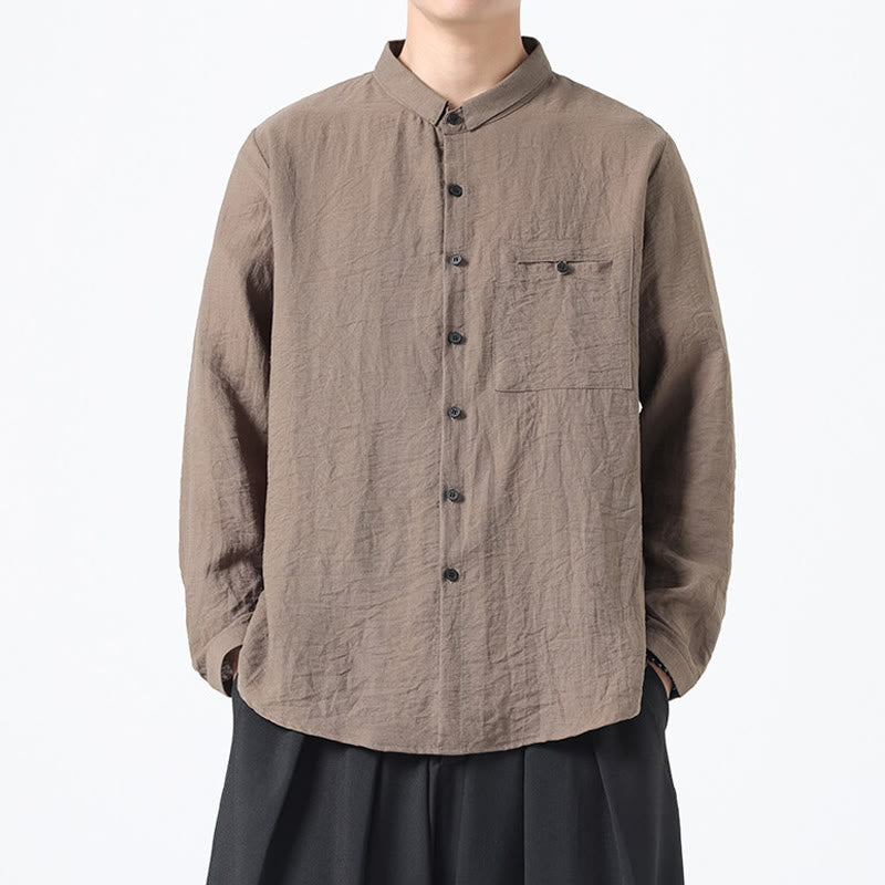 Buddha Stones Vintage Plain Buttons Down Stand Collar Long Sleeve Men's Cotton Shirt - Tan - US/UK/AU48，EU58(5XL) - image 16