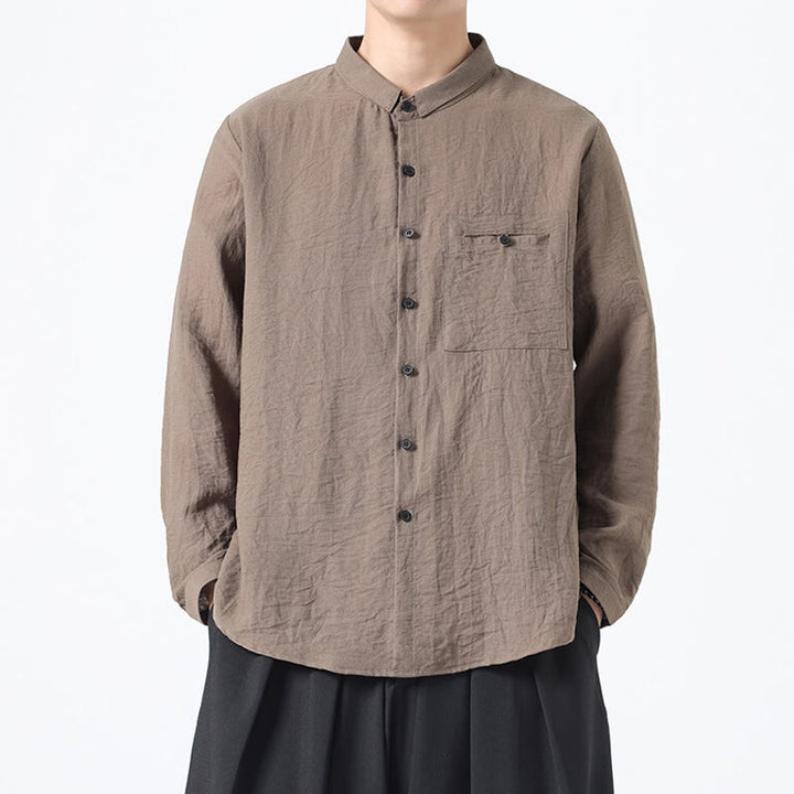 Buddha Stones Vintage Plain Buttons Down Stand Collar Long Sleeve Men's Cotton Shirt - Tan - US/UK/AU48，EU58(5XL) - image 16