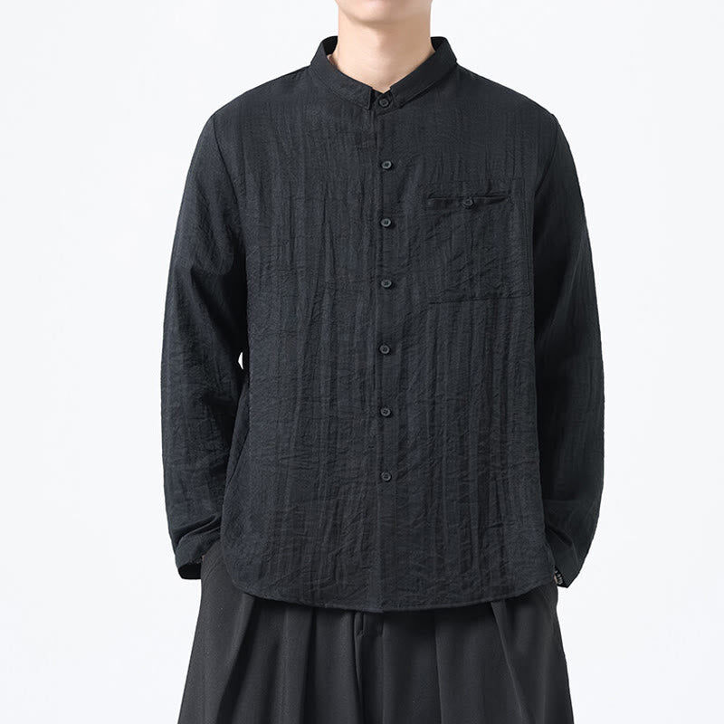 Buddha Stones Vintage Plain Buttons Down Stand Collar Long Sleeve Men's Cotton Shirt - Black - US/UK/AU48，EU58(5XL) - image 10