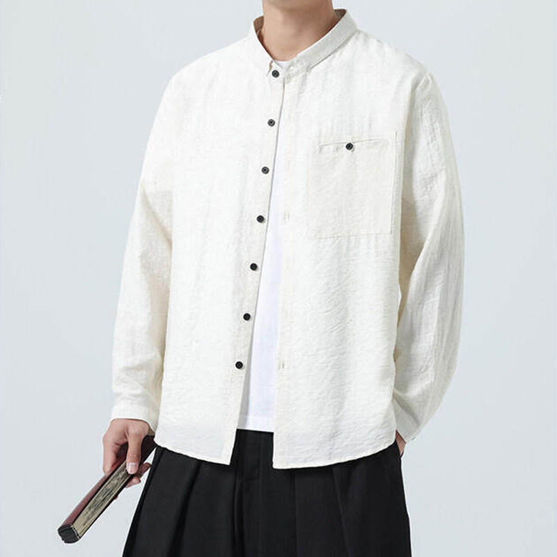 Buddha Stones Vintage Plain Buttons Down Stand Collar Long Sleeve Men's Cotton Shirt - image 4