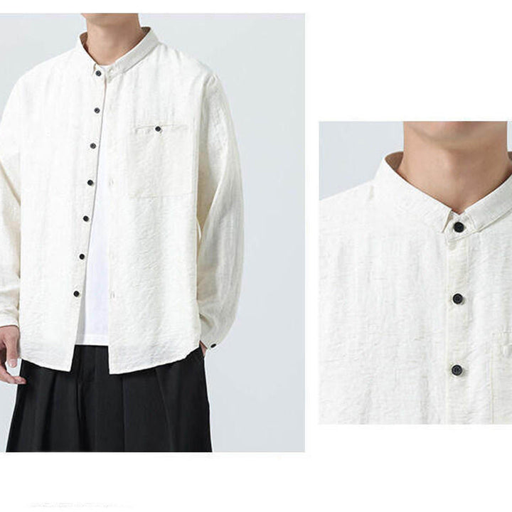 Buddha Stones Vintage Plain Buttons Down Stand Collar Long Sleeve Men's Cotton Shirt - image 8