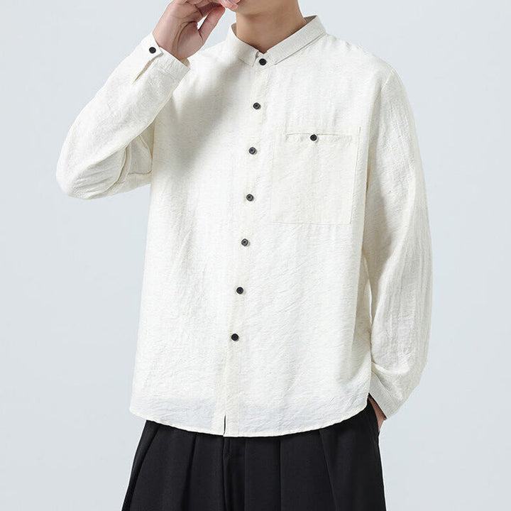 Buddha Stones Vintage Plain Buttons Down Stand Collar Long Sleeve Men's Cotton Shirt - image 5