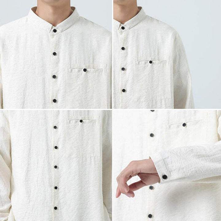 Buddha Stones Vintage Plain Buttons Down Stand Collar Long Sleeve Men's Cotton Shirt - image 7