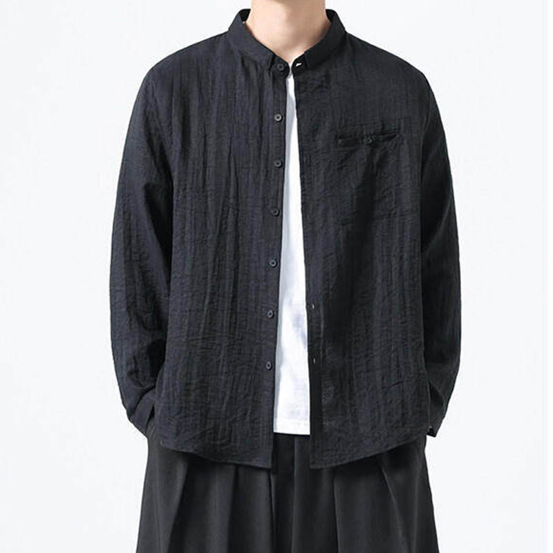 Buddha Stones Vintage Plain Buttons Down Stand Collar Long Sleeve Men's Cotton Shirt - image 10