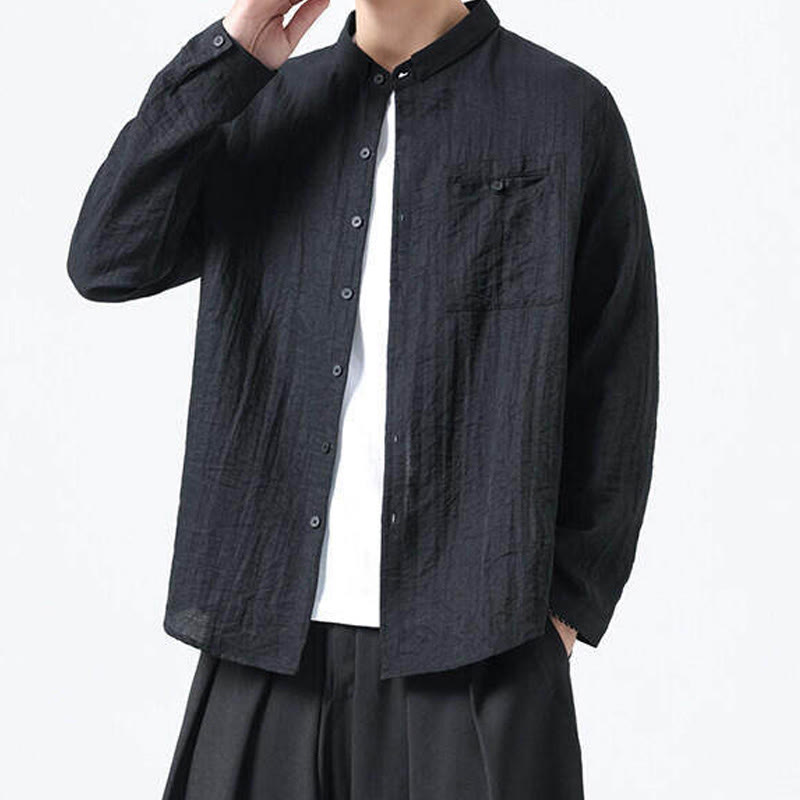 Buddha Stones Vintage Plain Buttons Down Stand Collar Long Sleeve Men's Cotton Shirt - image 12