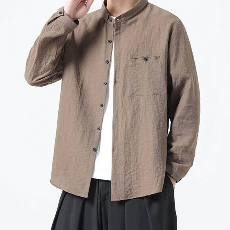 Buddha Stones Vintage Plain Buttons Down Stand Collar Long Sleeve Men's Cotton Shirt - image 19