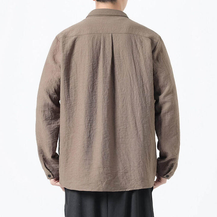Buddha Stones Vintage Plain Buttons Down Stand Collar Long Sleeve Men's Cotton Shirt - image 17