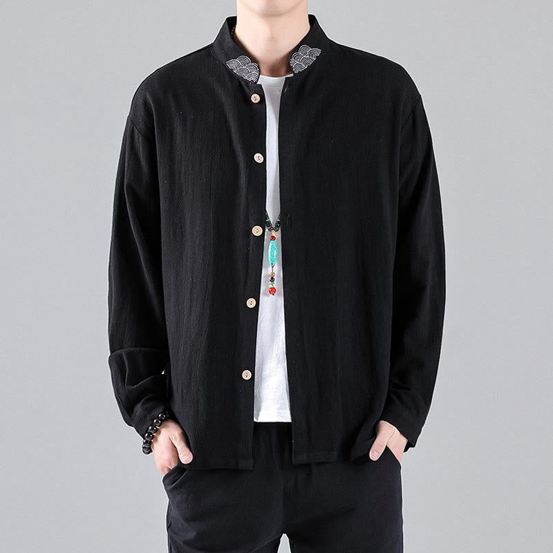 Buddha Stones Embroidered Auspicious Clouds Stand Collar Button Down Long Sleeve Men's Cotton Shirt - image 2