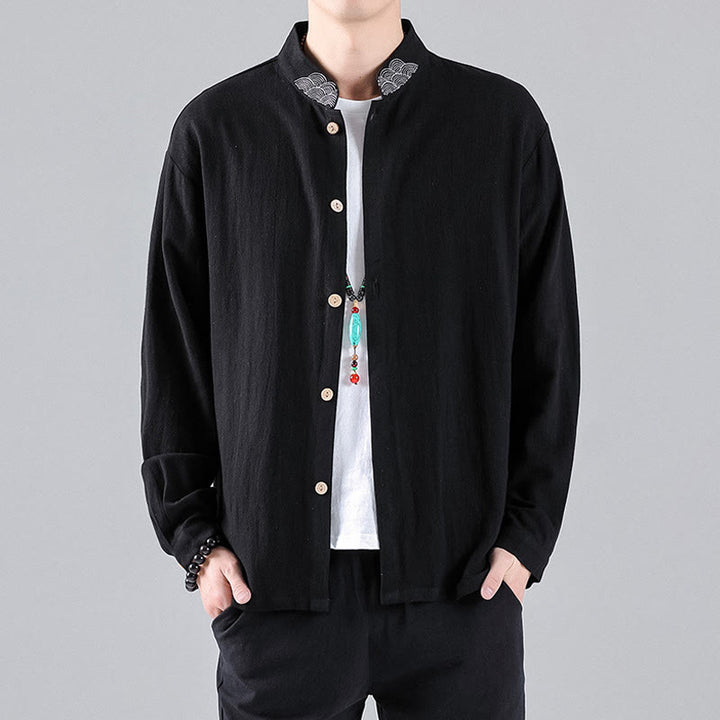 Buddha Stones Embroidered Auspicious Clouds Stand Collar Button Down Long Sleeve Men's Cotton Shirt - image 2